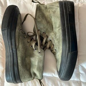 SeaVees Olive Green Suede High-Top Sneakers with Black Platform Sole